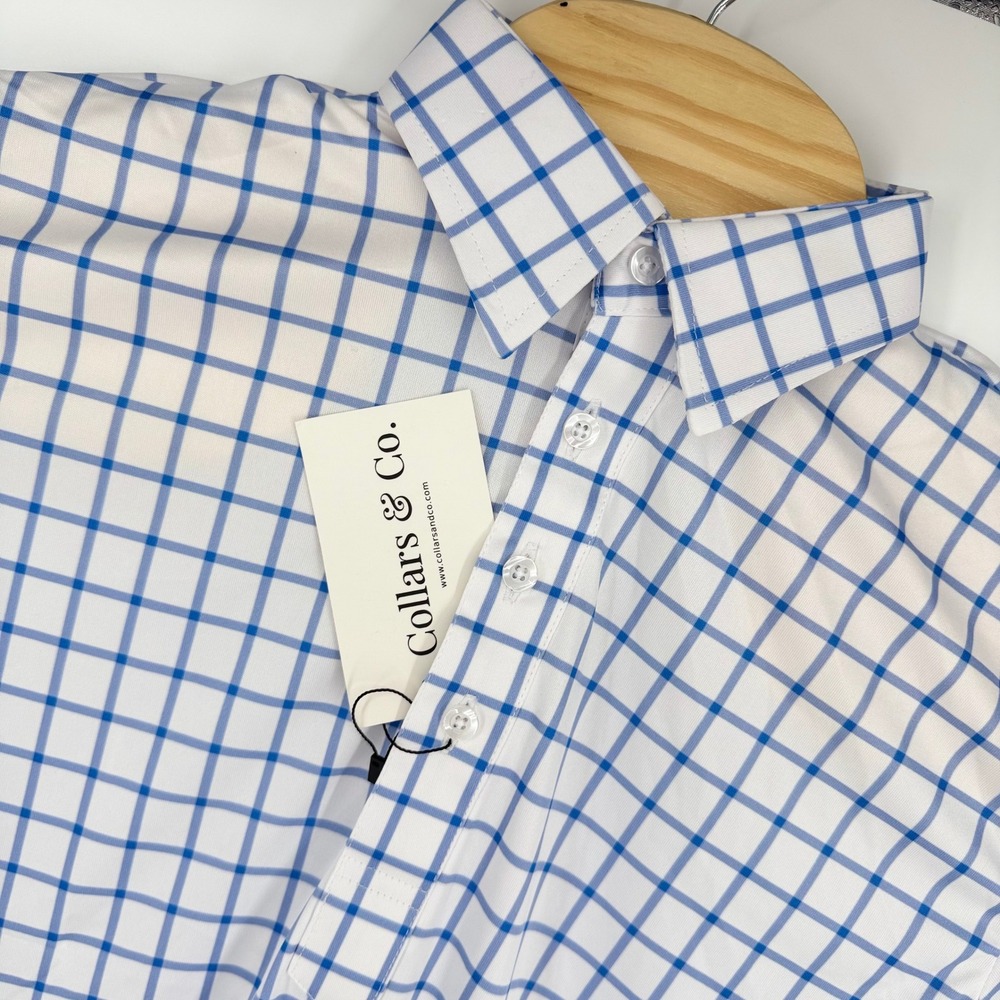 Collars & Co Semi Spread Collar Polo Shirt Men's Small Blue Grid Check Stretch